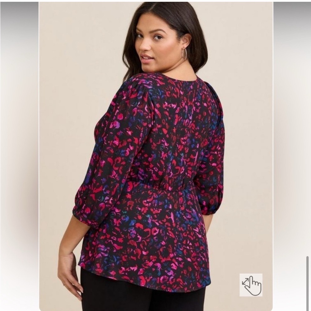 Torrid Peplum Georgette Tie Front Leopard Print  Blouse Plus Size 2X Black Pink - Picture 6 of 14